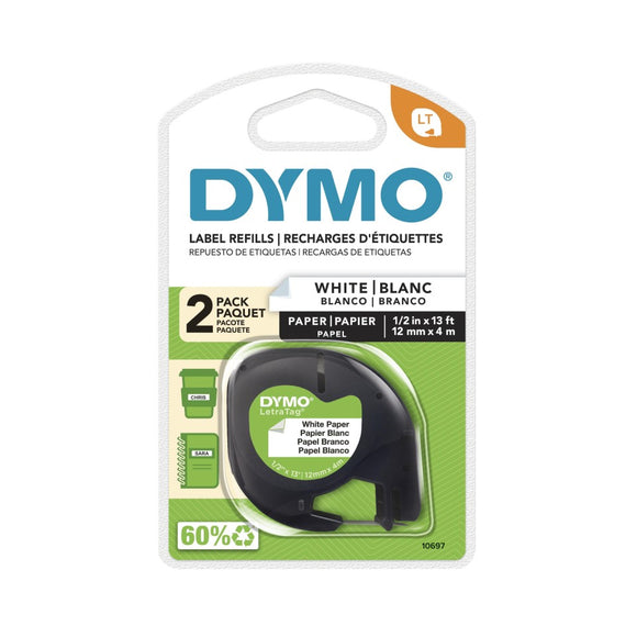 Dymo LetraTag Paper Tape Black On White 12mmx4m Pack 2