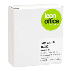 Icon Compatible Dymo LetraTag Tape 16952 12mmx4m Black on Clear