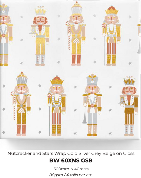 Nutcracker and Stars Wrap Gold Silver Grey Beige on Gloss