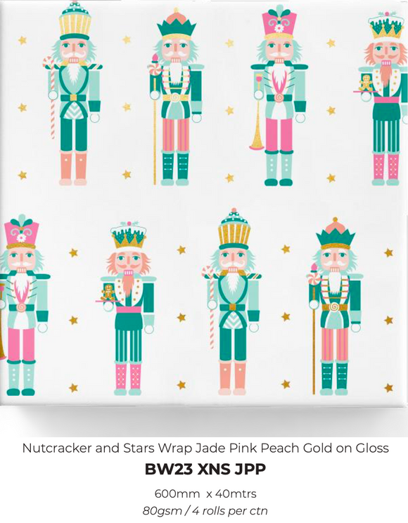 Nutcracker and Stars Wrap Jade Pink Peach Gold on Gloss