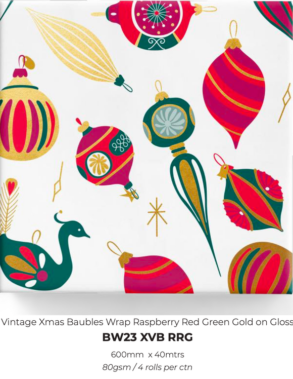 Vintage Xmas Baubles Wrap Raspberry Red Green Gold on Gloss
