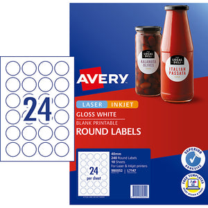 Avery Label L7147  980052  White Gloss Round 40mm 24up  10 Sheets