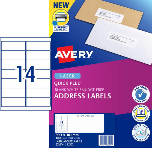 Avery Quick Peel Address Labels Sure Feed Laser Printers  L7163-100    99.1 x 38.1mm 1400 Labels (959004 / L7163)