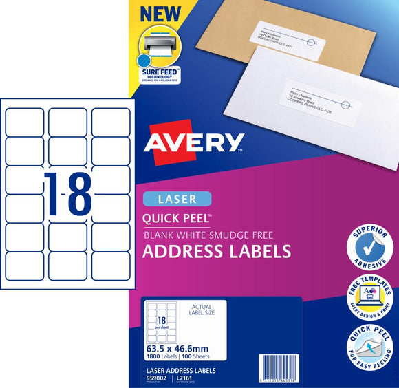 Avery Quick Peel Address Labels Sure Feed Laser Printers  L7161-100    63.5 x 46.6mm 1800 Labels (959002 / L7161)