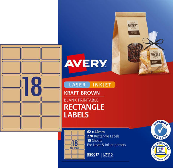 Avery Kraft Brown Rectangle Labels, 62 x 42 mm, 270 Labels (980017 / L7110)