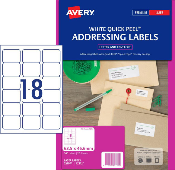 Avery Quick Peel Address Labels  20 Sheets  Sure Feed Laser Printers 63.5 x 46.6mm 360 Labels  L7161-100  (952001 / L7161)