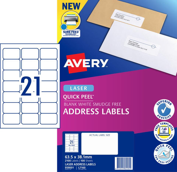 Avery Quick Peel Address Labels Sure Feed Laser Printers 63.5 x 38.1mm 2100 Labels (959001 / L7160)