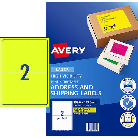 Avery Shipping Label L7168FY   959405  Fluoro Yellow Laser 199.6x143.5mm 2up  10 Shts