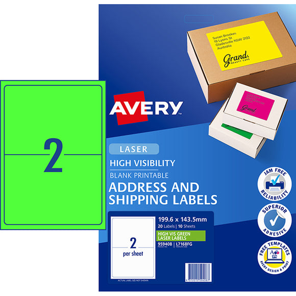 Avery Shipping Label L7168FG  959408  Green Laser 199.6x143.5mm 2up  10 Sheets