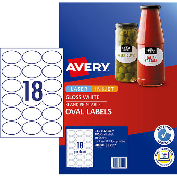 Avery Gloss Oval Labels Laser & Inkjet Printers 63.5 X 42.3mm Pack 180 Labels (980000 / L7102)