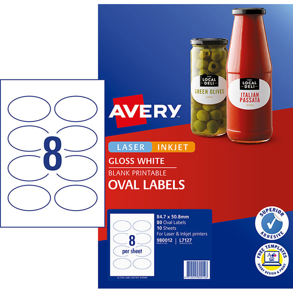 Avery Gloss Oval Labels Laser & Inkjet Printers 84.7 X 50.8mm Pack 80 Labels (980012 / L7127)