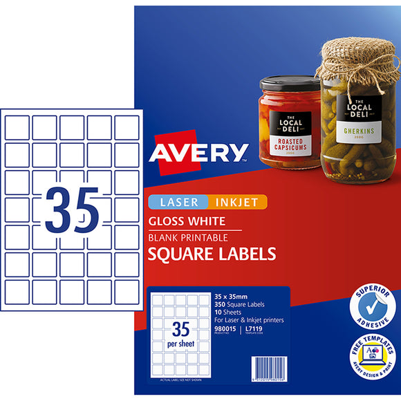 Avery Gloss Square Labels Laser & Inkjet Printers 35 X 35 Mm Pack 350 Labels (980015 / L7119)