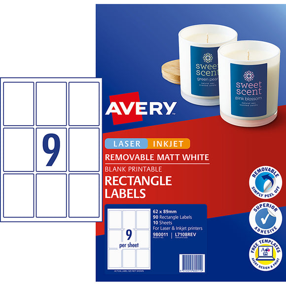Avery Label L7108REV Rectangular White  980011  9up 10 Sheets