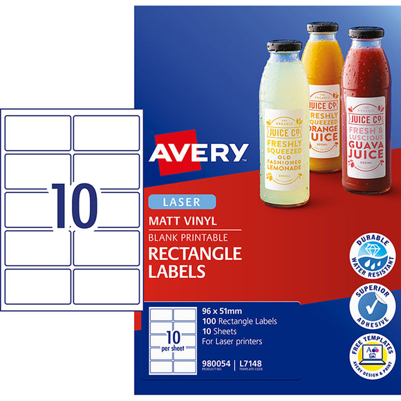Avery Label Permanent Rectangular L7148  980054  96x51mm 1up  10 Sheets