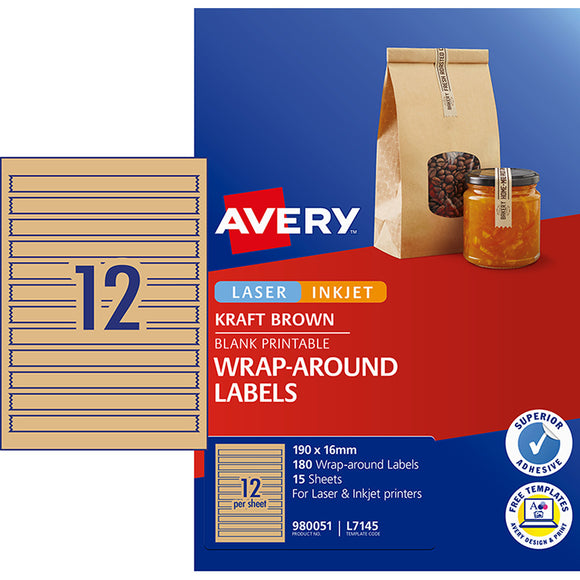 Avery Kraft Brown Wrap Laser & Inkjet Printers 190 X 16mm Permanent Pack 180 Labels (980051 / L7145)