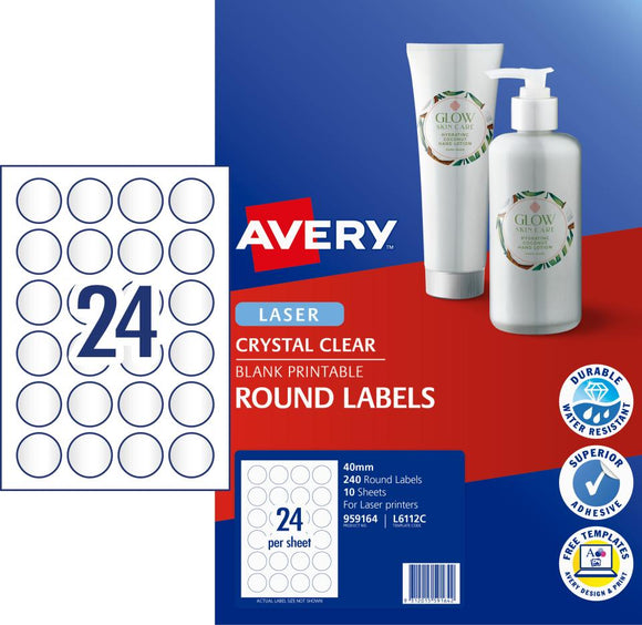 Avery Crystal Clear Round Multipurpose Labels Laser Print 40mm diameter 240 Labels  L7129  (959164 / L6112C)