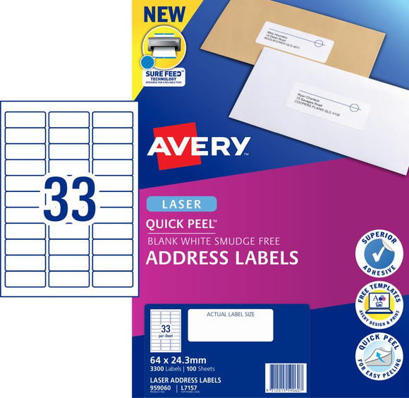 Avery Quick Peel Address Labels Sure Feed Laser Printers, 64 x 24.3 mm,  L7157-100   3300 Labels (959060 / L7157)