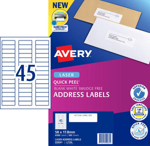 Avery Quick Peel Address Labels Sure Feed Laser Printers, L7156-100  58 x 17.8 mm, 4500 Labels (959061 / L7156)