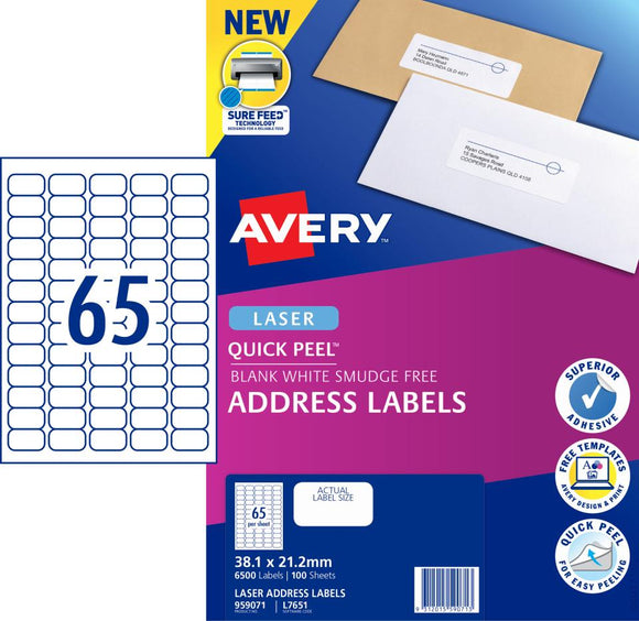 Avery Quick Peel Address Labels Sure Feed Laser Printers  L7651-100   38.1 x 21.2mm 6500 Labels (959071 / L7651)