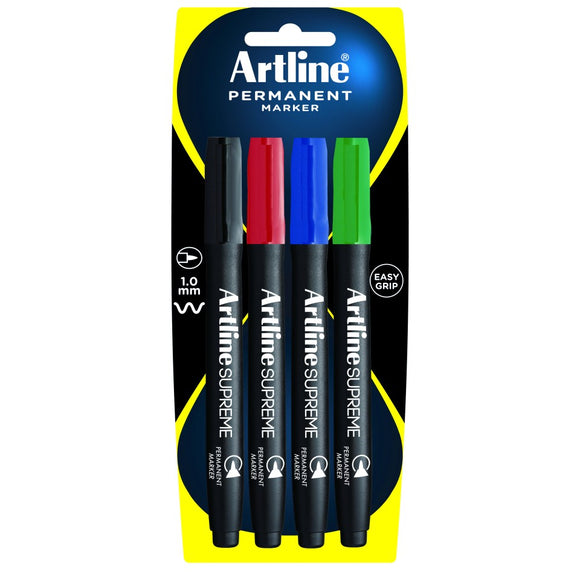 Artline Supreme Permanent Marker Assorted Colours Pack 4