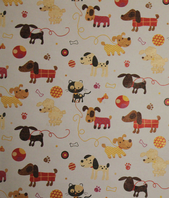 PRINTED RIBBED KRAFT WRAPPING PAPER CATS AND DOGS 50cm x 50m