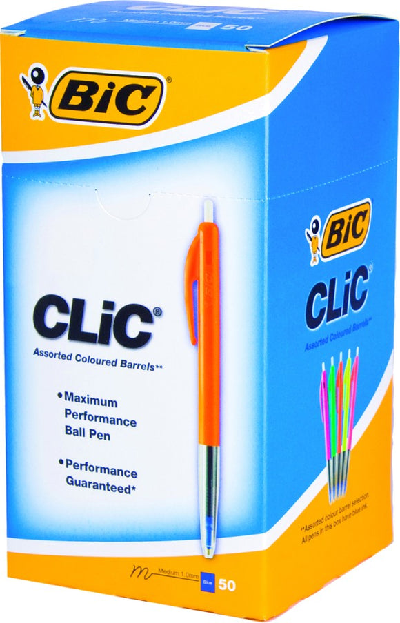 BiC Medium Ballpoint Pen Retractable 1.0mm Assorted Colour Barrels Blue Ink Box 50