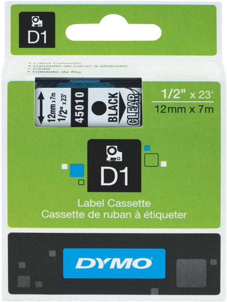 Dymo D1 Label Printer Tape 12mm x 7m Black On Clear