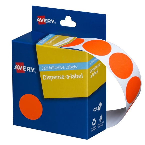 Avery Fluoro Orange Dispenser Dot Stickers, 24 mm diameter, 350 Labels (937301)