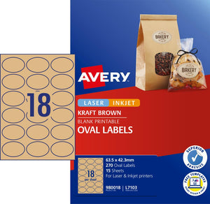 Avery Kraft Brown Oval Labels, 63.5 x 42.3 mm, 270 Labels (980018 / L7103)