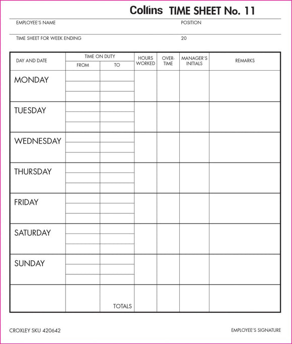 Collins Wage Time Sheets No.11 187x220mm 100 Leaf