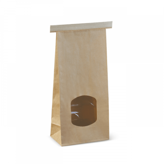 Medium Tin Tie Paper Bag Brown with Window-115x72x246mm-400/Case