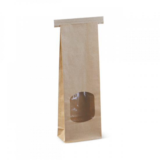 Small Tin Tie Paper Bag Brown Window-90x47x260mm-500/Case