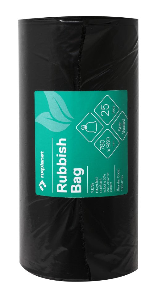 NXPlanet Black Rubbish Bag 80L 780 x 960mm LDPE 30mu roll of 25