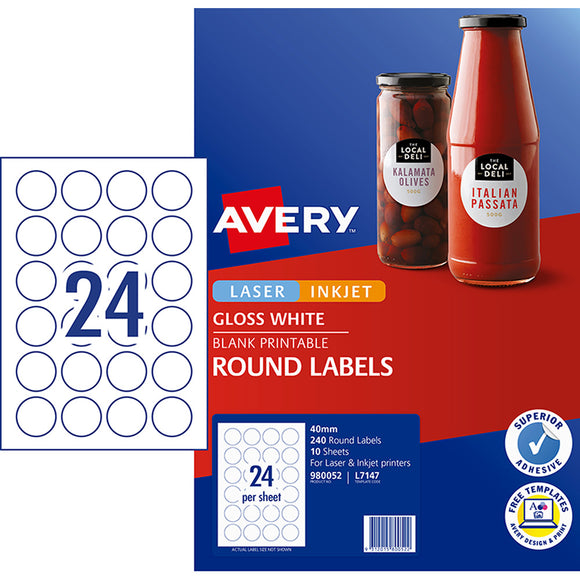 Avery Label L7147  980052  White Gloss Round 40mm 24up  10 Sheets