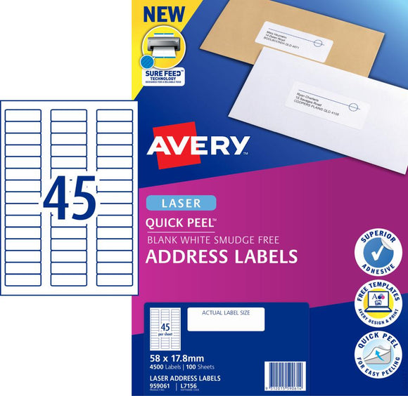 Avery Quick Peel Address Labels Sure Feed Laser Printers, L7156-100  58 x 17.8 mm, 4500 Labels (959061 / L7156)