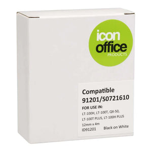 Icon Compatible Dymo LetraTag Tape 91201 12mmx4m Black on White