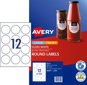 Avery Glossy Round Labels 60 mm diameter 120 Labels 10 Sheets (980001 / L7105)